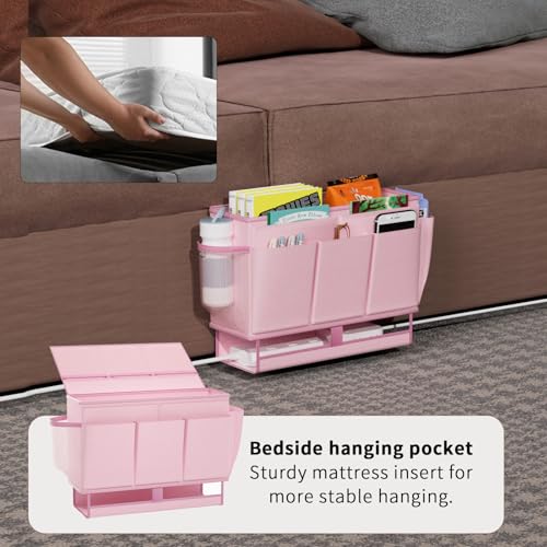 Bedside Caddy Organizer with 11 Pockets and Power Strip Holder, Pink