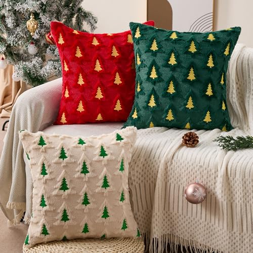 Christmas Pillow Covers 18x18 Set of 2 Green Double Xmas Tree Pillow Covers Soft Plush Faux Fur Christmas Decorations for Xmas Winter Holiday Home Bedroom Sofa Cushion Cases PT-008A18