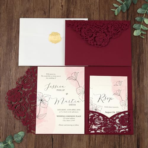 Laser Cut Wedding Invitation Pockets, 5x7 Burgundy Card Holders (50 Pack)