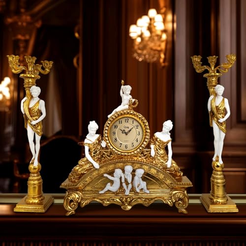 GENUINQ 23 Inch Vintage French Rococo Mantel Clock with Candleholders Set