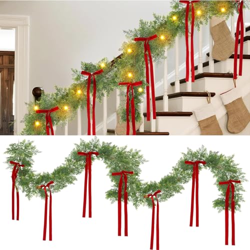 6 ft Christmas Garland with Lights - Battery Operated Pine Wreath with Bow