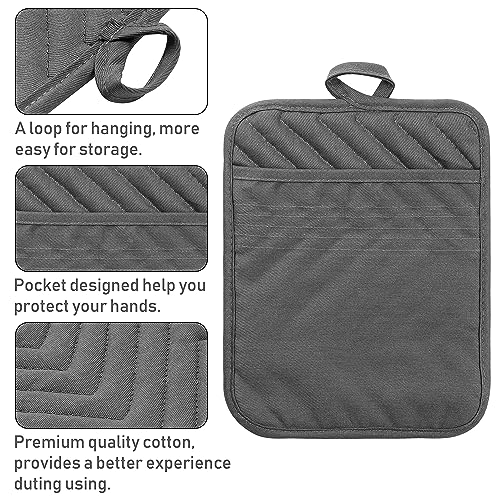 5-Pack Cotton Pocket Pot Holders - Heat Resistant Kitchen Hot Pads, Grey