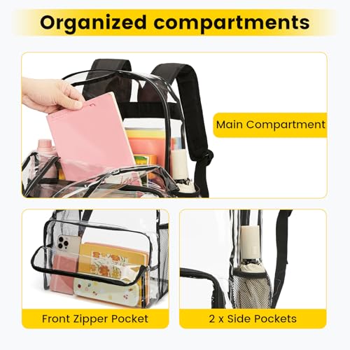 Large Heavy Duty Clear Backpack with Reinforced Straps for School & Travel