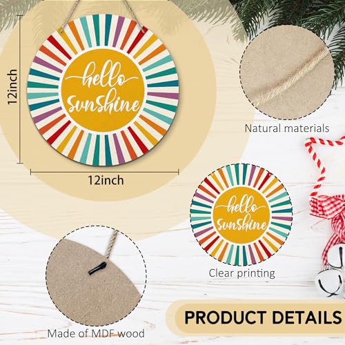 Boho Sunshine Round Wood Wall Sign, 12-Inch Mid-Century Sunray Door Plaque