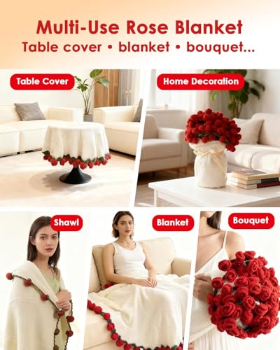 Red 43'' Crochet Flower Blanket - Handmade Rose Bouquet Throw Gift for Women