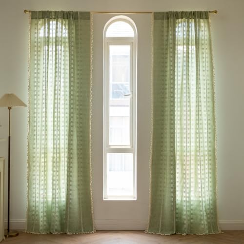BCLBUSTE Sage Green 52x84in Boho Linen Curtain Panels (2) – Semi-Sheer Light Filtering