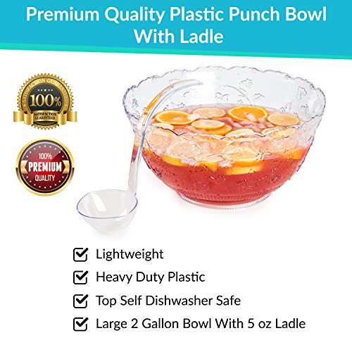 2-Gallon Large Plastic Punch Bowl with 5 oz Ladle - Crystal Clear Serving Set