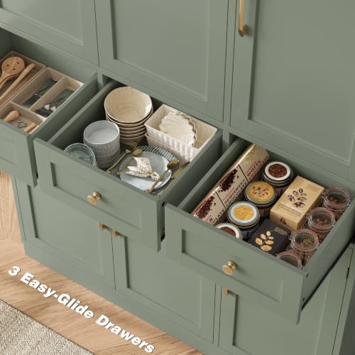 72-Inch Tall Kitchen Pantry Cabinet with Swing-Out Doors and Drawers, Green