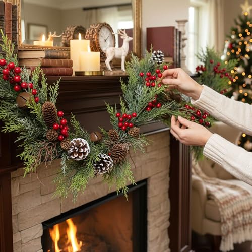 INTERHOMART 6FT Christmas Cedar Garland with Lights - Artificial Holiday Decor
