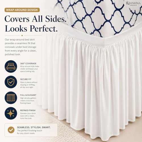 Twin XL Microfiber Dorm Bed Skirt - 36 Inch Drop with Split Corners, White