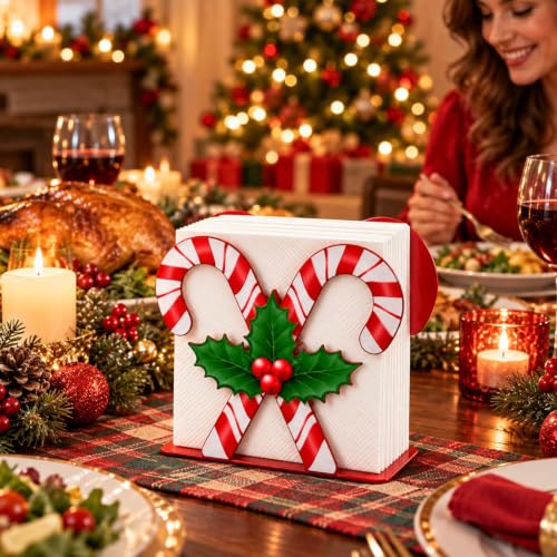 Christmas Candy Cane Napkin Holder - Rustic Red Metal Stand for Holiday Tables & Parties (Candy Canes)