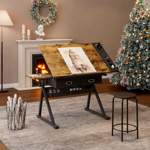 Adjustable Drafting Table with Stool, Tilting Art Desk with 2 Storage Drawers