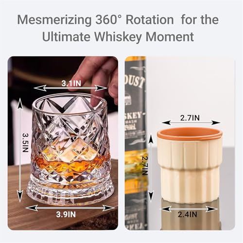 GOWARM Pattern 2 360° Rotating Whiskey Glass Set with Ice Ball Mold, Clear Bourbon & Scotch Glassware for Men, Gift Idea