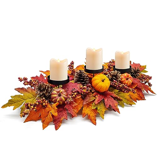 Fall Centerpiece for Dining Table with Artificial Pumpkins Berries and Leaves - 27.5 Inch