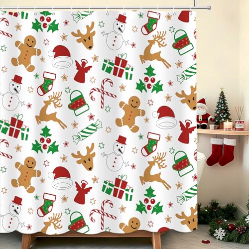 MEHOFOND Colorful Christmas Shower Curtain 72x72 Inch Winter Gingerbread Stars Reindeer Snowman Bathroom Decor Waterproof Polyester