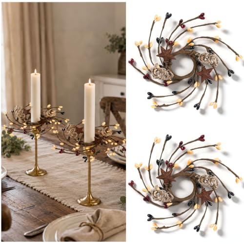 YLOLUL Primitive 4-Piece Mini Pip Twig Candle Ring Wreath Set - Rustic Decor