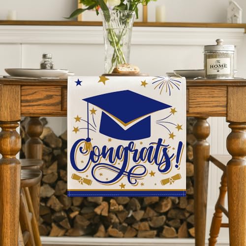 Artoid Mode Blue Congrats Diploma Cap Graduation Table Runner 13x36 inch