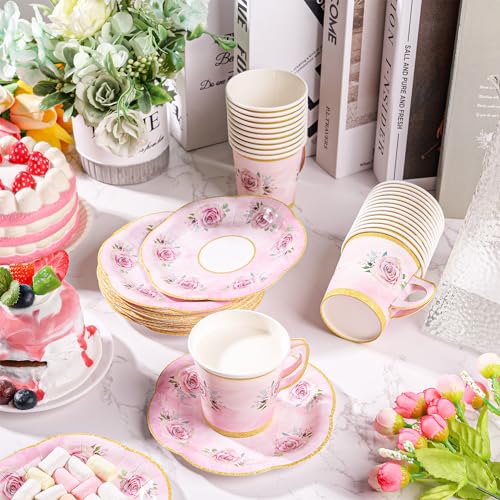 50 Pcs Pink Floral Disposable Tea Cups & Saucer Sets with Gold Rim for Parties - Serve 25 Guests