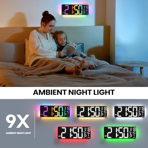 YISILE 13-Inch Black Digital Wall Clock with Night Light, RGB Colors, Dual Alarms & Voice Control