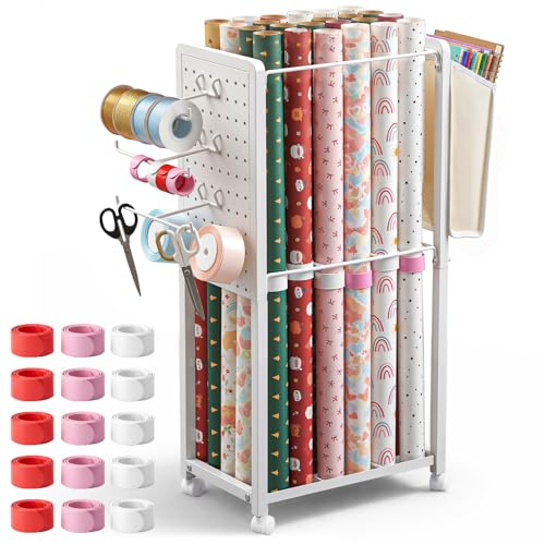 Rolling Wrapping Paper Storage Cart with Wheels and Slap Bands