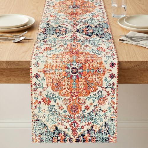 Kerton Stork Orange Blue 13x72 Inch Boho Table Runner, Linen Waterproof