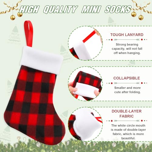 Christmas Mini Stockings 7 Inch Buffalo Plaid Red and Black Set - Reusable Holiday Decor