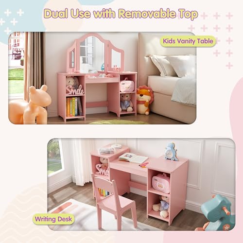 Kids Vanity Set with Tri-Fold Mirror & Storage - Princess Makeup Desk for Girls 3-9, Pink with Chair