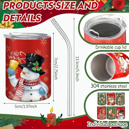 Reindeer 6 Pcs 3 oz Christmas Mini Tumbler Shot Glass with Straw and Lid - Roshtia