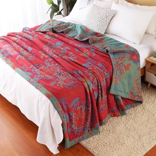 100% Cotton Red Floral Jacquard Quilt - Reversible Lightweight Bedspread