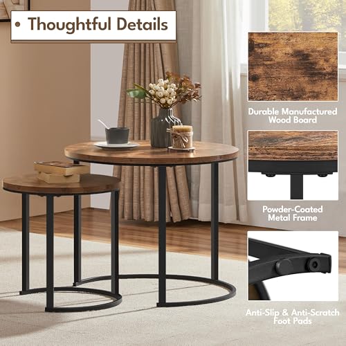 Round Nesting Coffee Table Set of 2, Rustic Brown Industrial Side Tables