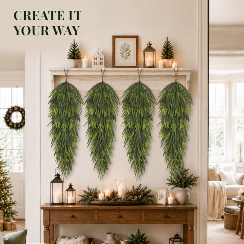 SpringTalk 35-inch Large Christmas Teardrop Swags, 4 Pack - Deep Green Norfolk Pine Holiday Decor
