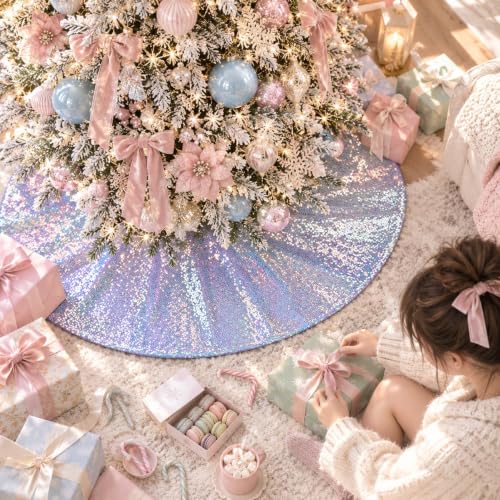 Ivarunner Iridescent White 48 Inch Christmas Tree Skirt Sparkly Sequin Xmas Decor