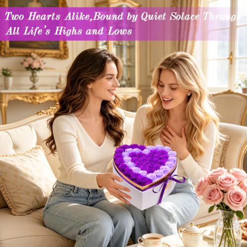 Eluvian Forever Flowers Purple Roses Two Heart-Shaped Box Gift for Women - Anniversary, Valentine's, Wedding