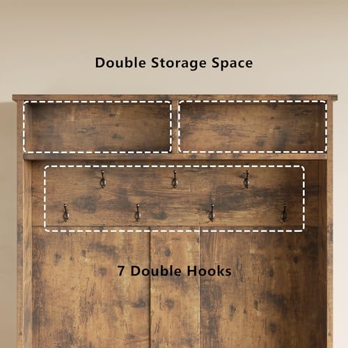 5-in-1 Entryway Hall Tree with Storage Bench and Coat Rack, Rustic Brown