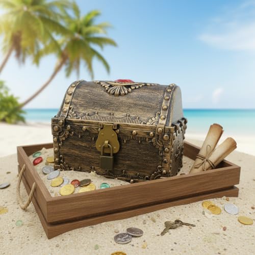 Plastic Treasure Chest for Kids with Lock and Key - Pirate Toy Storage Box