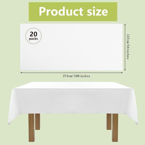 20 Pack Disposable Plastic Tablecloths - Waterproof White Table Covers for Weddings & Parties | 54 x 108 Inch