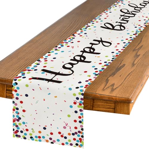 Polka Dot Happy Birthday Table Runner, Beige Dining Table Decor 13x72 Inch