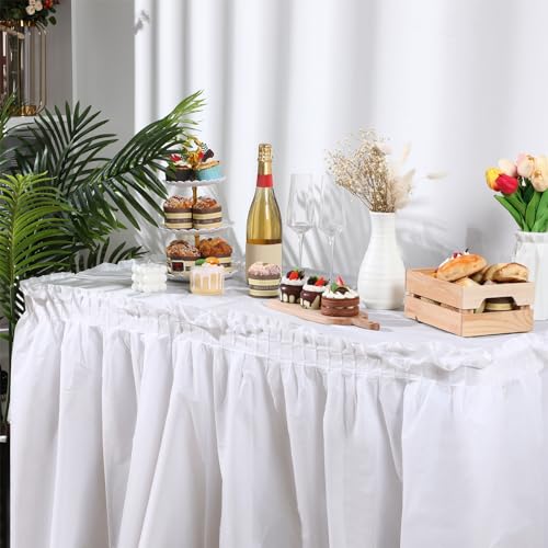 Disposable White Tablecloth and Ruffle Table Skirt Set - 6 Piece Party Kit