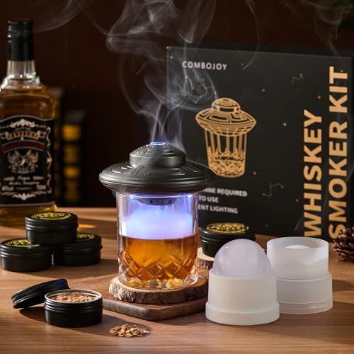 Gray ComboJoy Electric Whiskey Smoker Kit with LED, 6 Flavors, Glass & Ice Mold