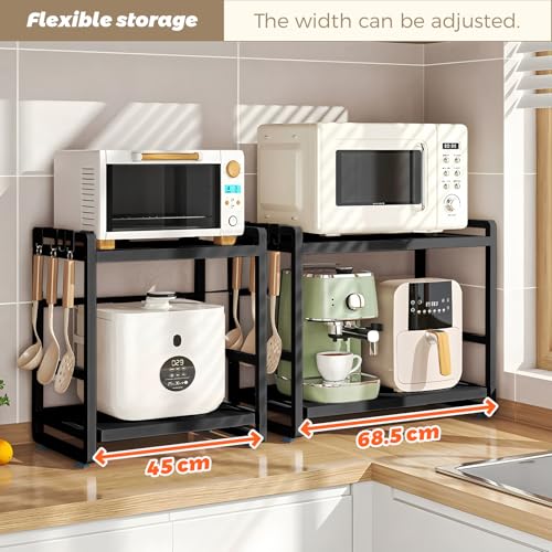 2-Tier Adjustable Microwave Rack, Extendable Kitchen Counter Shelf with Drawer