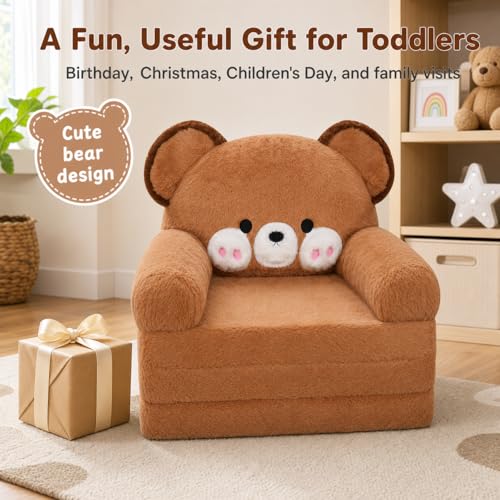 2-in-1 Fold Out Toddler Sofa Chair - Comfy Bear Kids Couch for Ages 1-4