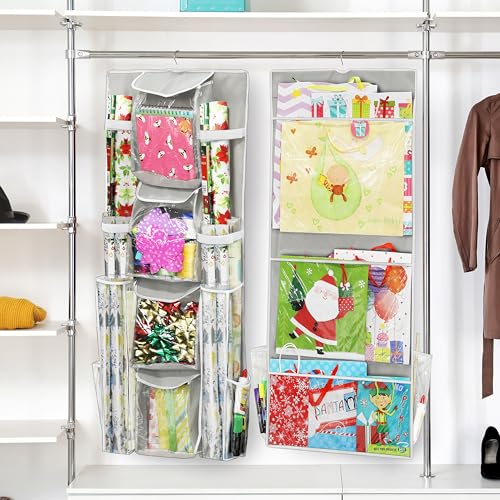 Double-Sided Hanging Gift Wrap Organizer with Pockets, Gray