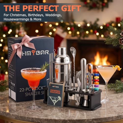 Black 22-Piece Cocktail Shaker Set with Recipe Cards & Bar Tools - Home Bartender Kit