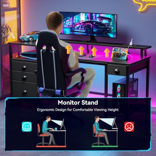 60-Inch Computer Desk with LED Lights, USB Charging Station, and 4 Drawers