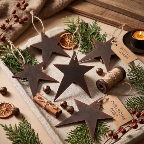 Wenqik 24 Rustic Christmas Wooden Star Ornaments – Vintage Primitive with Hemp Rope (Star/Vintage/24)