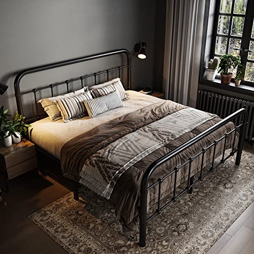 Queen Metal Bed Frame, Vintage Victorian Iron Platform Bed with Headboard