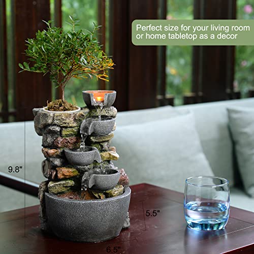 Indoor Tabletop Fountain with LED Light & Planter Pot - Rockery Waterfall