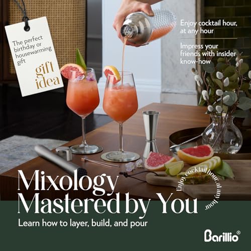 Barillio Silver 14 oz Glass Cocktail Shaker with Built-In Strainer - Leak-Proof Martini Mixer