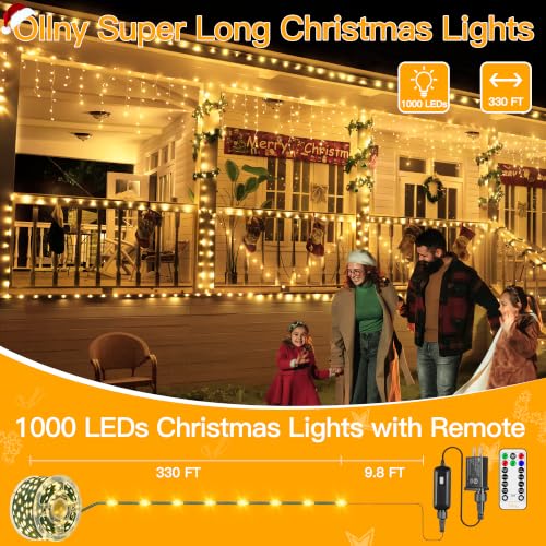 Ollny Warm White 1000 LED Christmas String Lights Waterproof 330ft with Remote