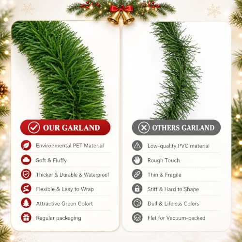 Aufee 50FT Green Christmas Garland Decorations - Outdoor Indoor Faux Pine Railing Wreath, DIY Friendly, Waterproof Holiday Decor - Variation 1